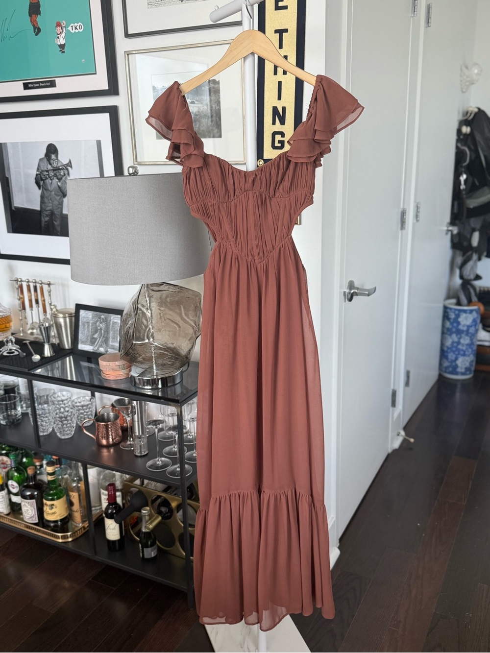 Ruffled Corset Cutout Maxi Gown in Mocha - Picture 3 of 8
